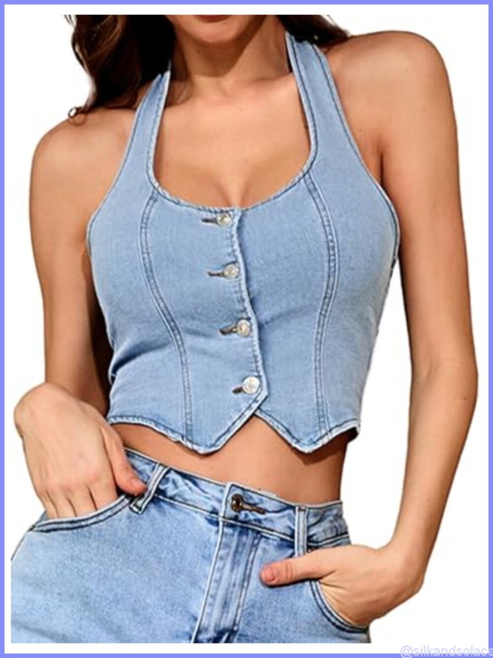 Women's Denim Halter Top Crop Vest Square Neck Button Front Slim Fit Western